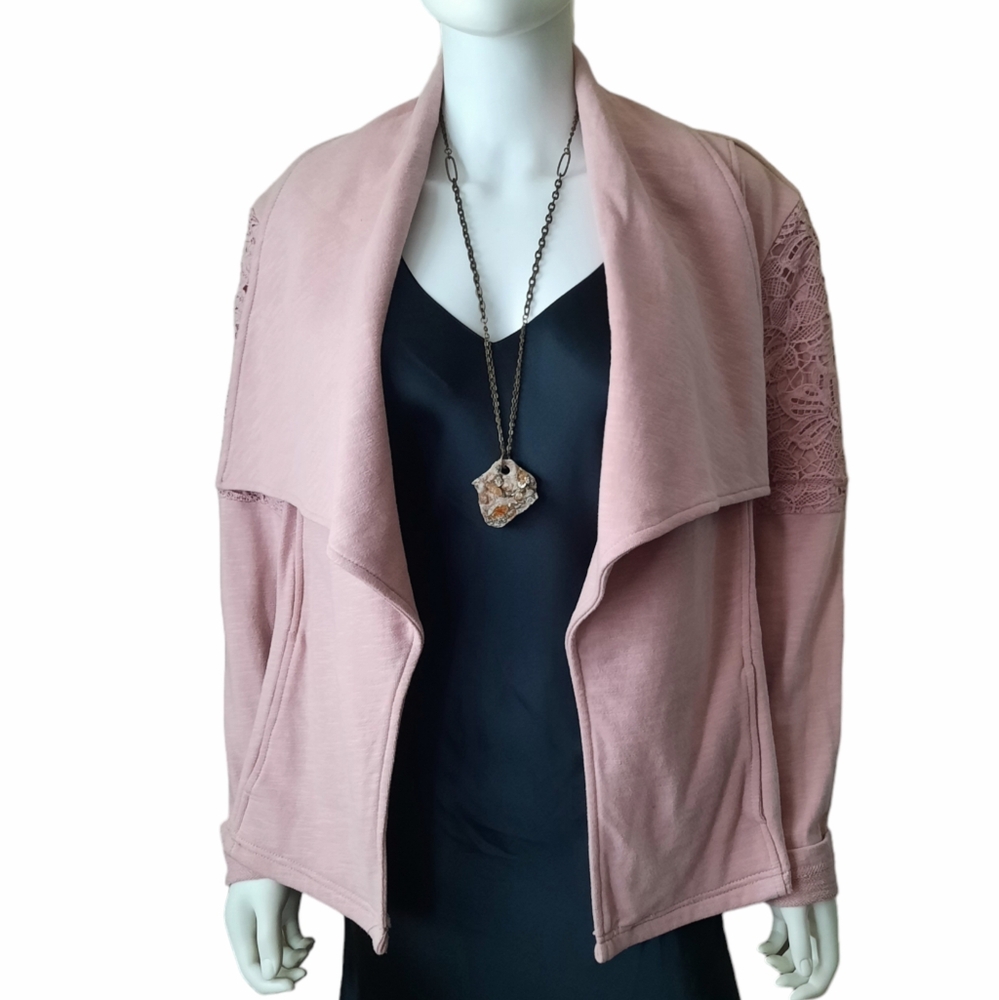 SPORTELLE Open Front French Terry Knit Lace Trim Sleeve Jacket Sz S/M Dusty Rose